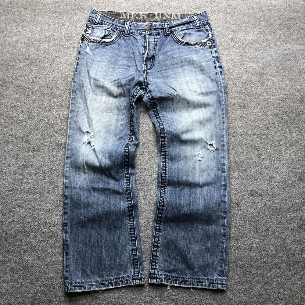 Y2K Denim Beijing Boot Cut Jeans Mens 36x31 (36x34) Blue Distressed Denim Pants